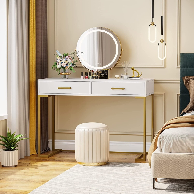 White and Gold Vanity Desk with Sled Legs and Two Drawers