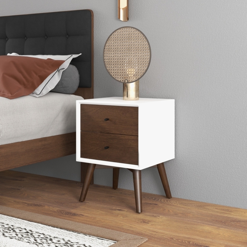 White and Walnut Nightstand, Mid-Century Modern, Circular Cutouts