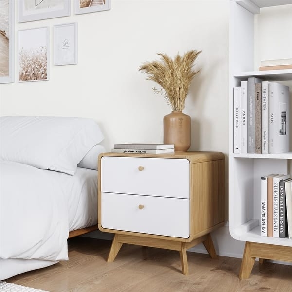 White and Wood Nightstand Two Tone Design Scandinavian Bedside Table