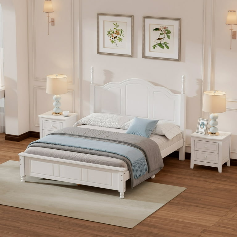 White Bedroom Set Splayed Wood Legs Retro Platform Bed Layout