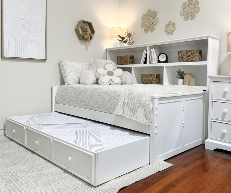 White Bookcase Bed with Sideways Backrest and Integrated Shelving