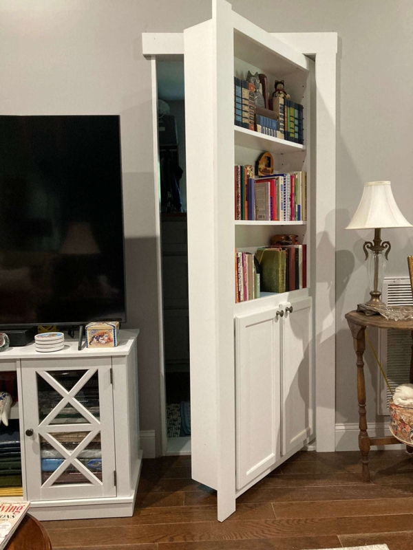 White Bookcase Hidden Door with Lower Cabinet & Shaker Style Doors