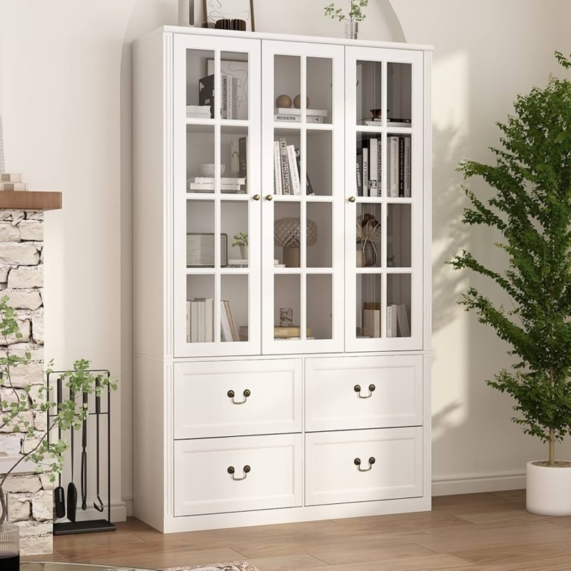 White Bookcase with Windowpane Glass Doors & Bottom Drawers Storage