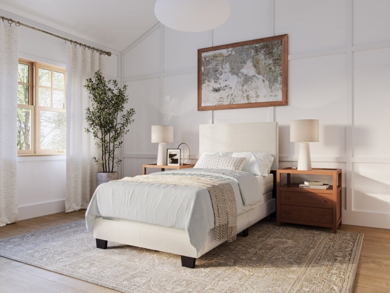 White Boucle Bed Frame with Rounded Headboard for Minimalist Bedroom.