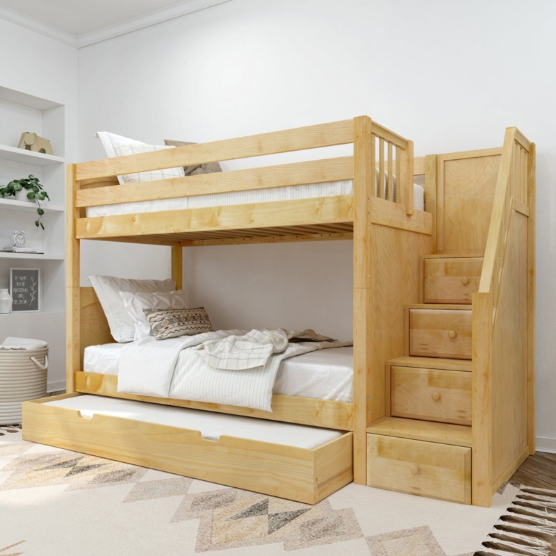 White Bunk Bed with Staircase Storage and Pull-Out Trundle
