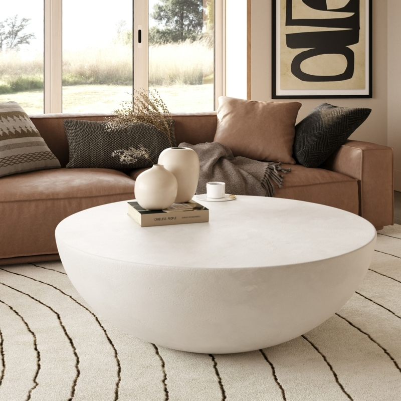 White Concrete Round Coffee Table Drum Silhouette Vertical Ribbing
