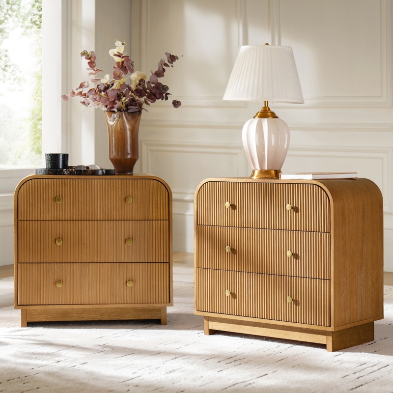 White Curved Nightstand with Fluted Front and Charging Station