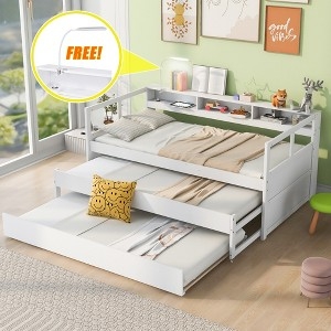 White Daybed with Dual Trundles and Headboard Storage