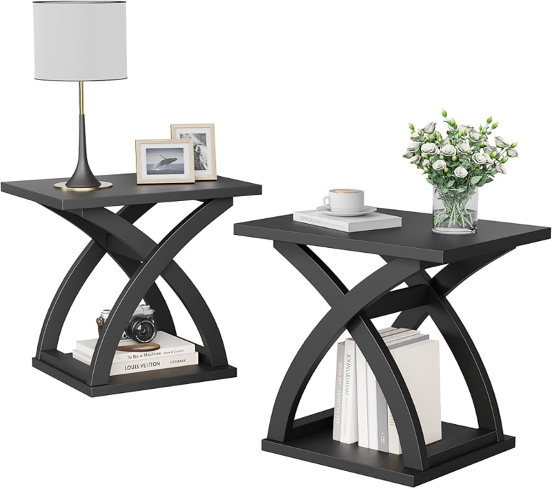 White End Table Set with X-Design Sides and Three-Tier Storage Shelf