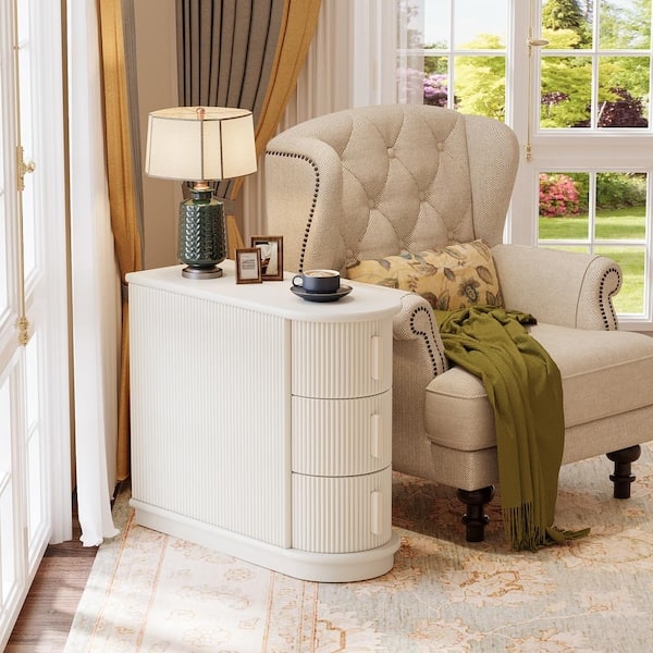 White End Table U-Shaped Base Three Drawers Narrow Profile Small Footprint