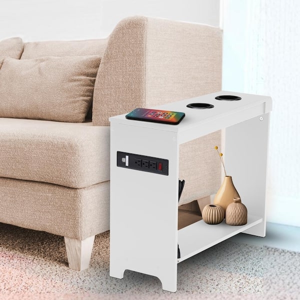 White End Table with X-Frame Sides and Integrated Charging