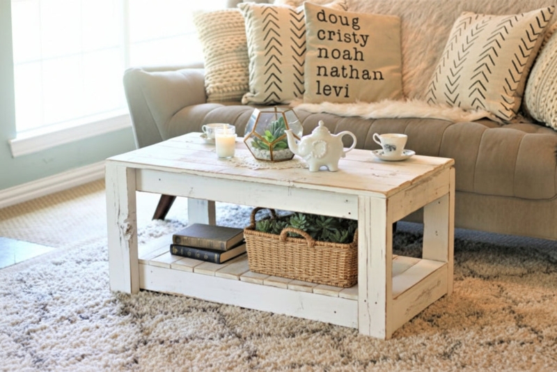 White Farmhouse Coffee Table with X-Brace Sides and Lower Shelf