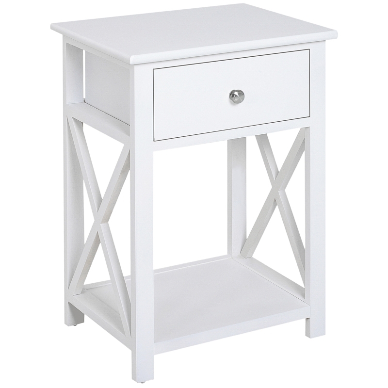 White Farmhouse End Table X Side Panels with Drawer and Shelf
