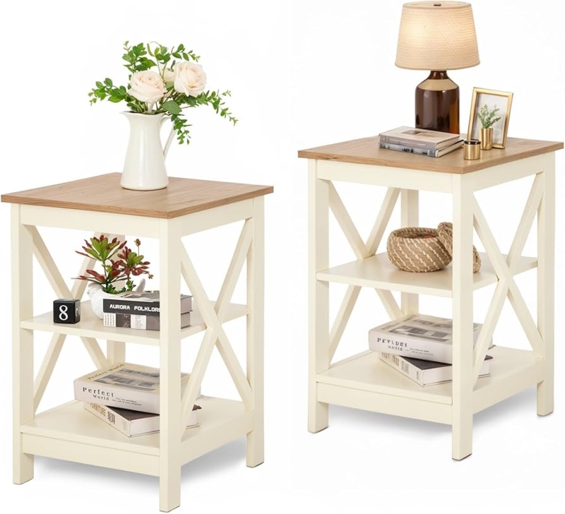 White Farmhouse Nightstand Set with Three-Tier Storage and X-Brace Detail