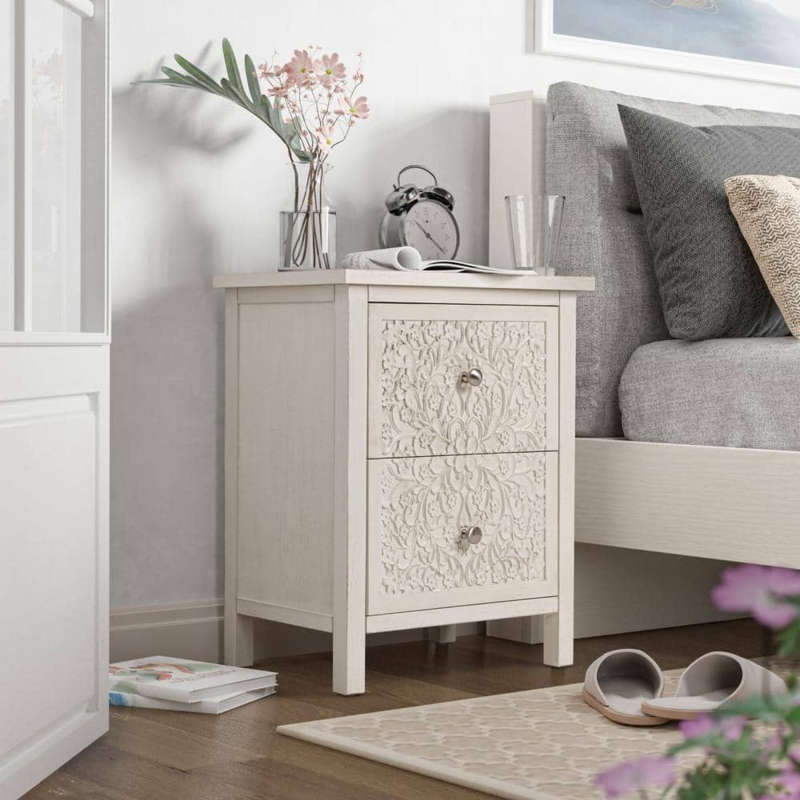 White Farmhouse Nightstand with X-Brace Sides and Ring Pulls