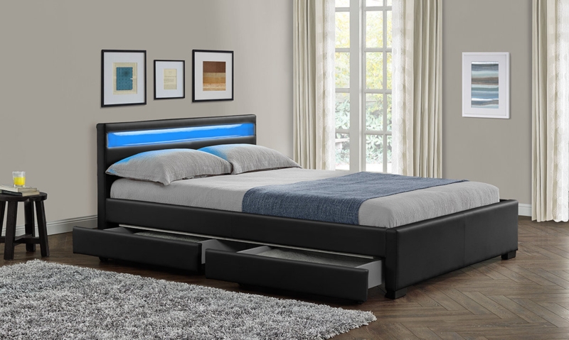 White Faux Leather Bed Frame with Footboard Storage Drawer and LEDs