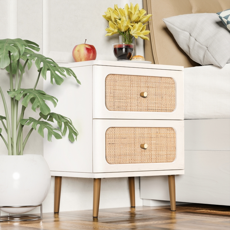 White Finish Nightstand with Gold Accents & Woven Rattan Panels