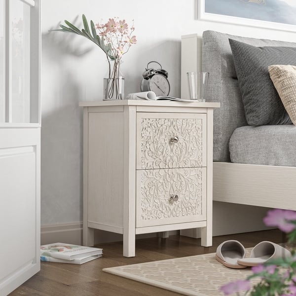 White Floral Carved Dresser with Three Drawers and Wood Knobs