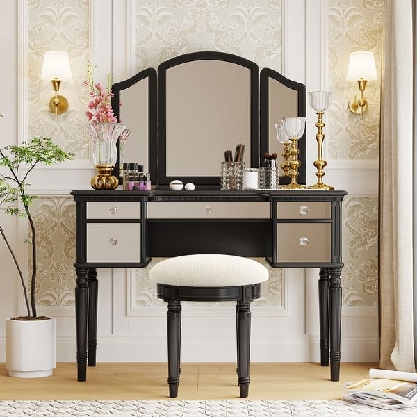 White Fluted Makeup Vanity Set with LED Mirror and Gold Legs