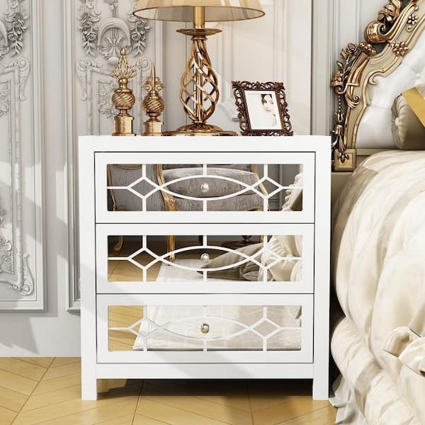 White Frame Nightstand with Mirrored Drawer Fronts and Round Knobs