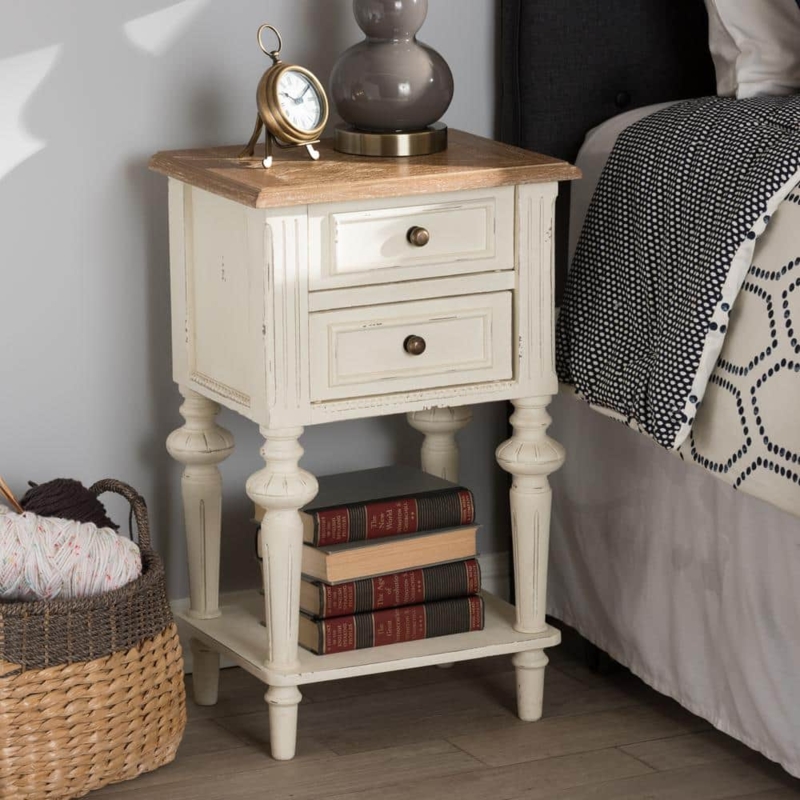 White French Provincial Nightstand with Two Drawers and Cabriole Legs