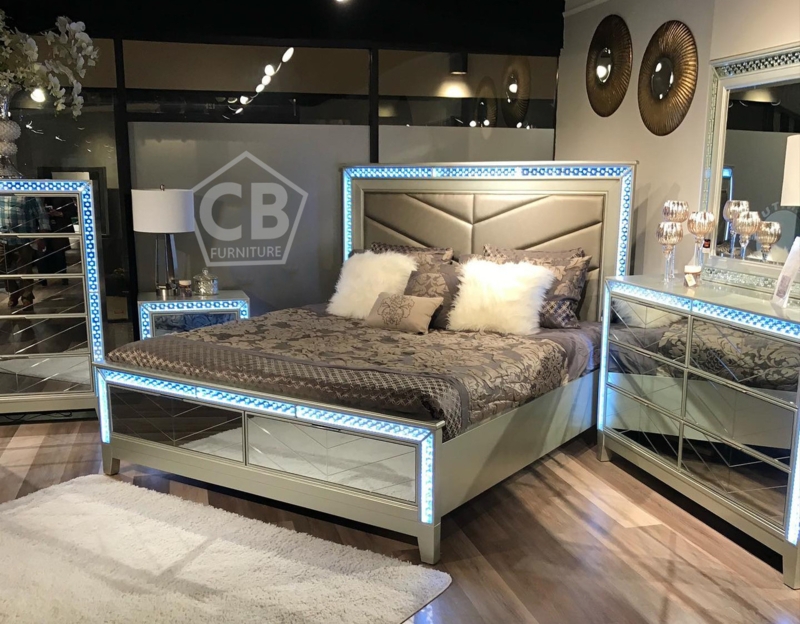 White Glam Bedroom Set with LED Lit Headboard and Mirrored Inlays