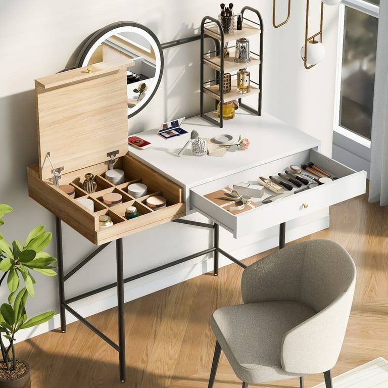White Glam Vanity Set with Circular Lighted Mirror and Side Shelving