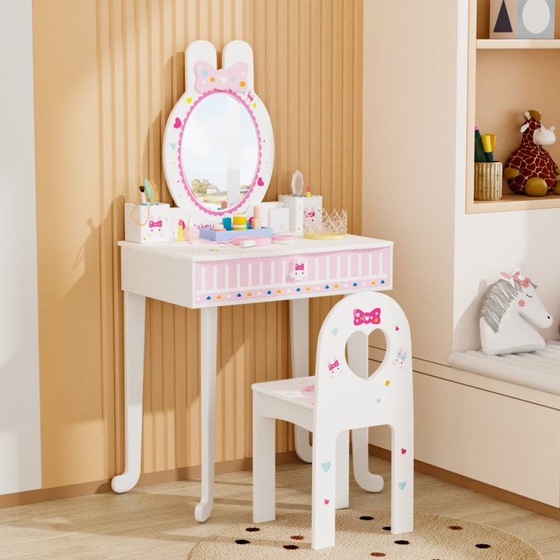 White Kids Vanity Set, Tri-Fold Mirror & Crystal Knob