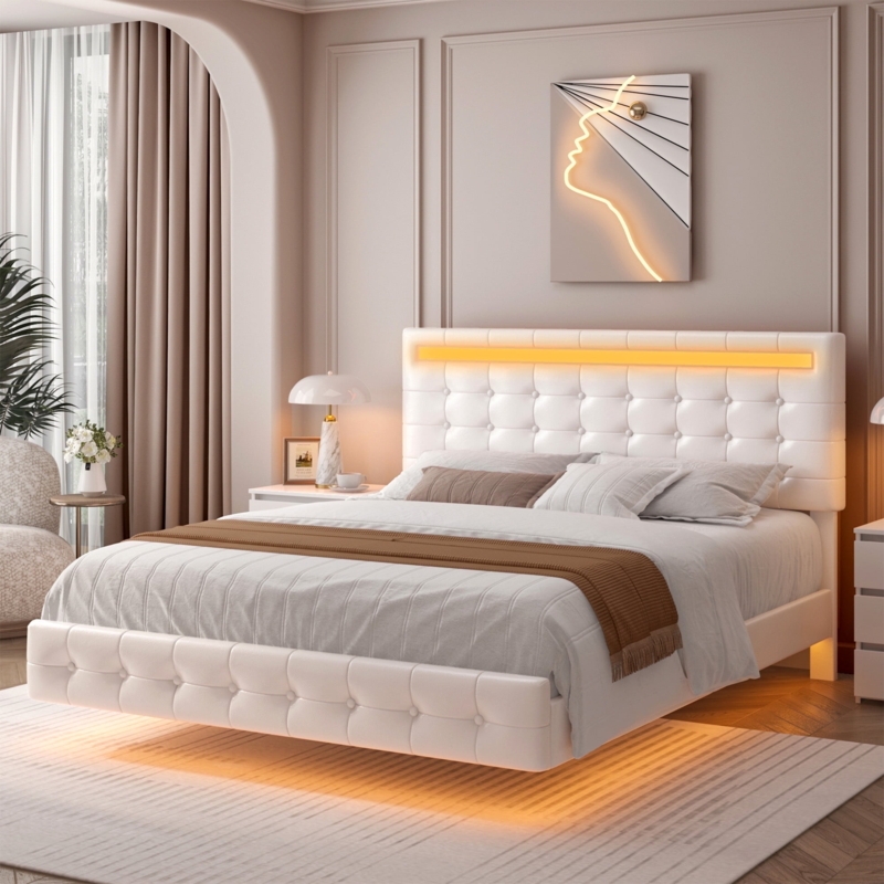 White Leather-like Floating Platform Bed with LED Lighting and Tufting