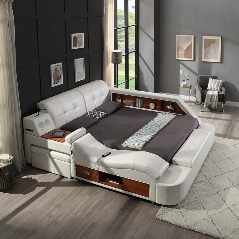 White Leather Multifunctional Bed Frame with Integrated Chaise Lounge