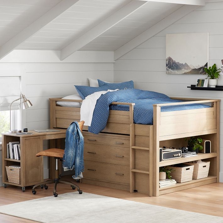 White Low Loft Bed Built-In Desk Integrated Drawers Modern Teen Room