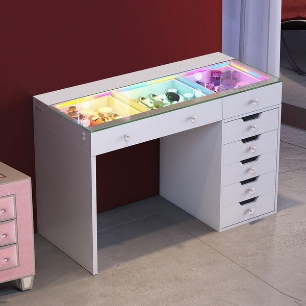 White Makeup Vanity Desk with RGB Accent Lighting and Eight Drawers