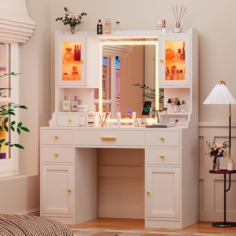 White Makeup Vanity featuring Glass-Front Drawers and RGB Cabinet