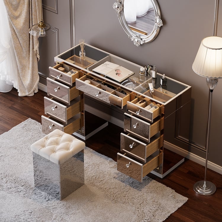 White Makeup Vanity, Glass Top Jewelry Storage, 9 Drawers, LED Ring Mirror.