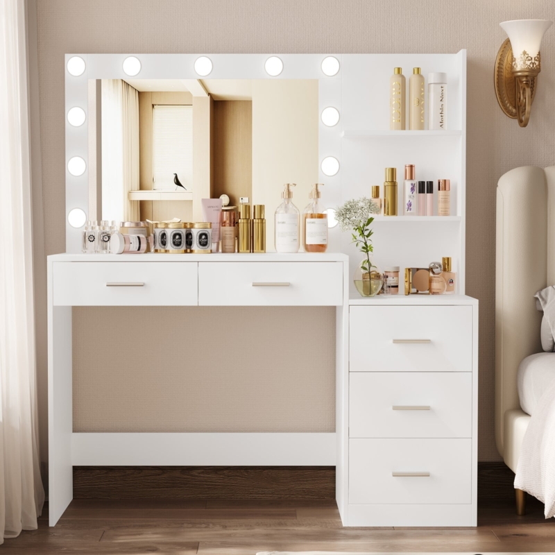 White Makeup Vanity Hollywood Lighting Bulbs & Gold Pulls 5-Drawer Set