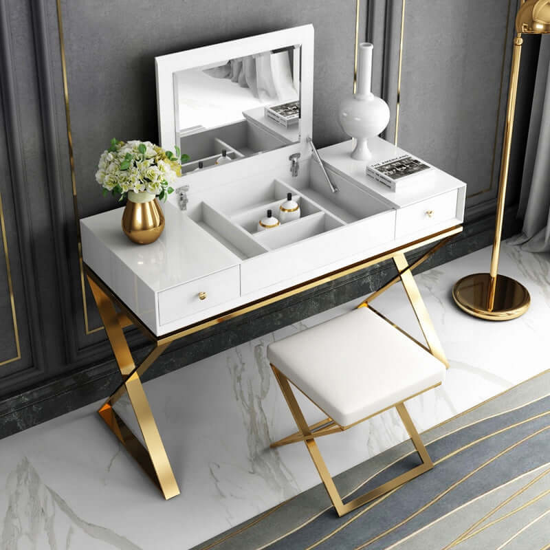 White Makeup Vanity Set, Gold X-Base, Fluted Texture, Round Mirror, Glam.