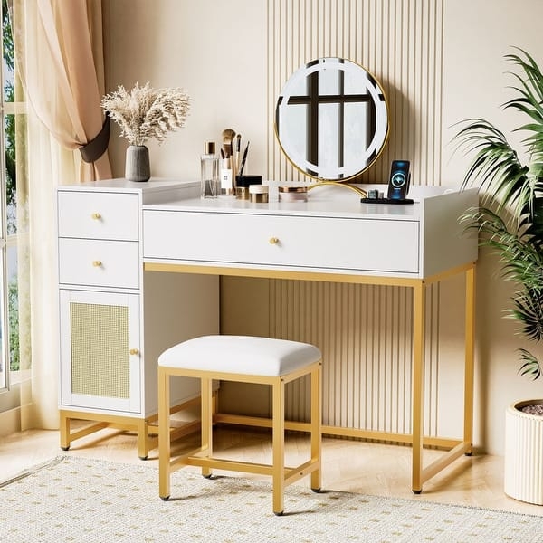 White Makeup Vanity Set with Nesting Stools and Power Outlet
