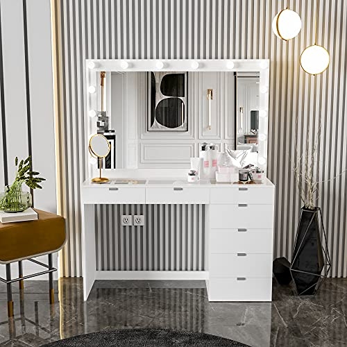 White Makeup Vanity, Seven Drawers, Hollywood Bulbs, Wide Mirror, Glass Top.