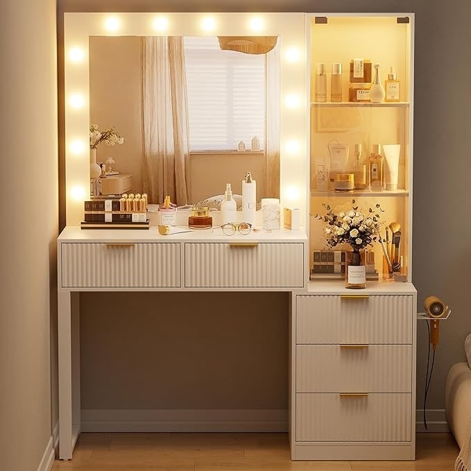 White Makeup Vanity with Gold Hardware, Contemporary Lighted Mirror