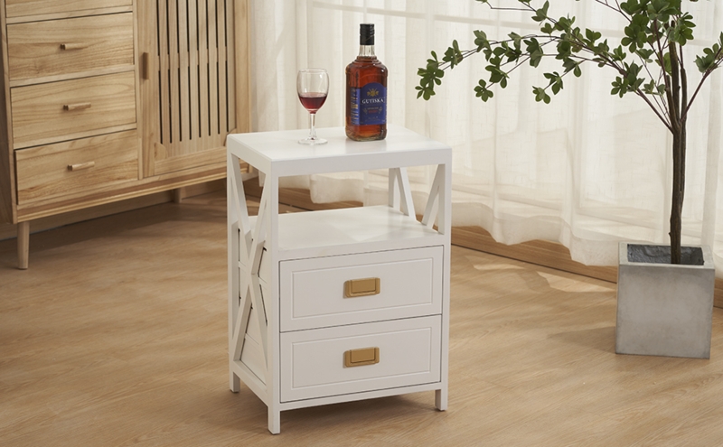 White Modern End Table with Gold Hardware and Mixed Storage