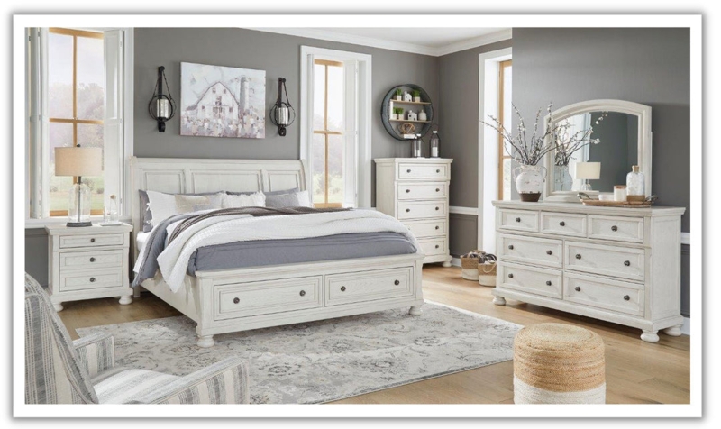 White Modern Farmhouse Bedroom Set with Footboard Storage Drawers