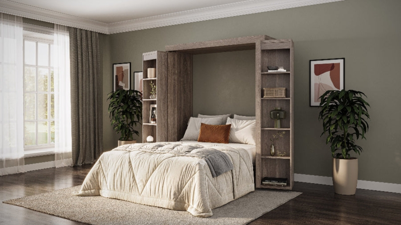 White Murphy Bed with Bifold Bookcase Doors and Fold Down Frame