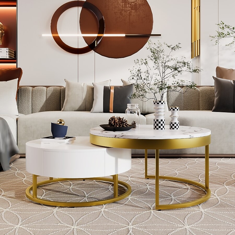 White Nesting Coffee Table Set with Tambour Base and Integrated Drawers