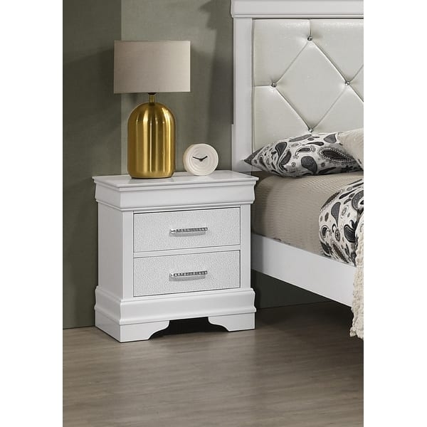 White Nightstand Diamond Tufted Fronts Crystal Accents