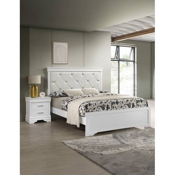 White Nightstand Diamond Tufted Fronts Gold Capped Legs
