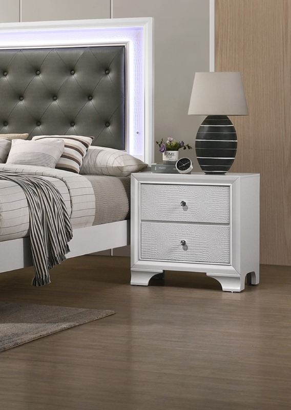 White Nightstand Geometric Embossed Texture Gold Base