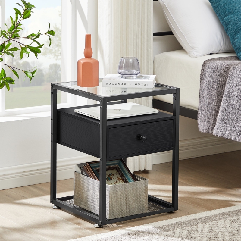 White Nightstand Glass Inset Top Gold Knob Open Shelf Modern Matte