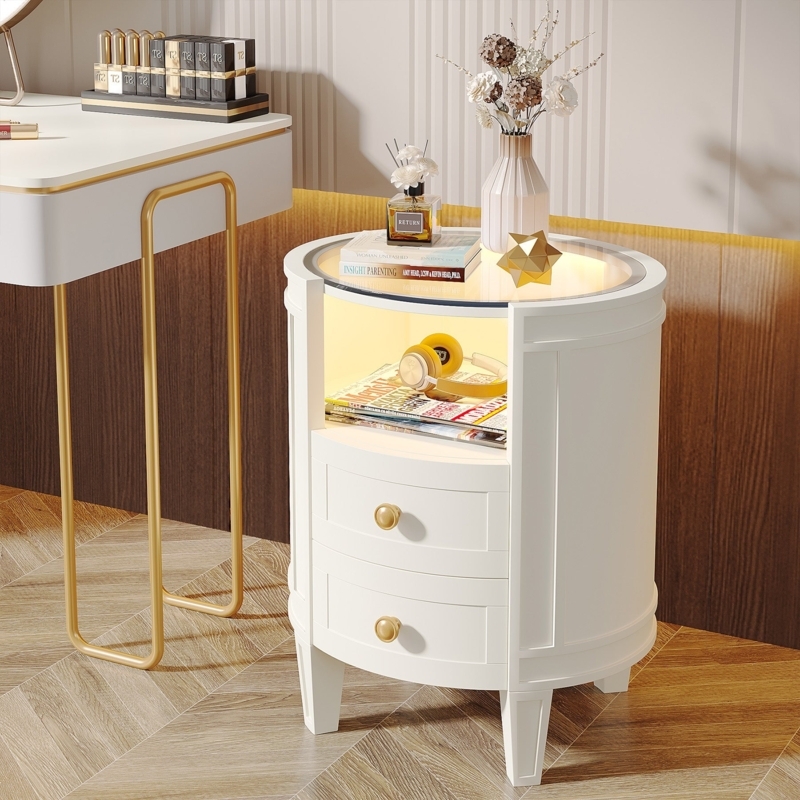 White Nightstand LED Lighting Glass Top Two Drawers Gold Legs Modern