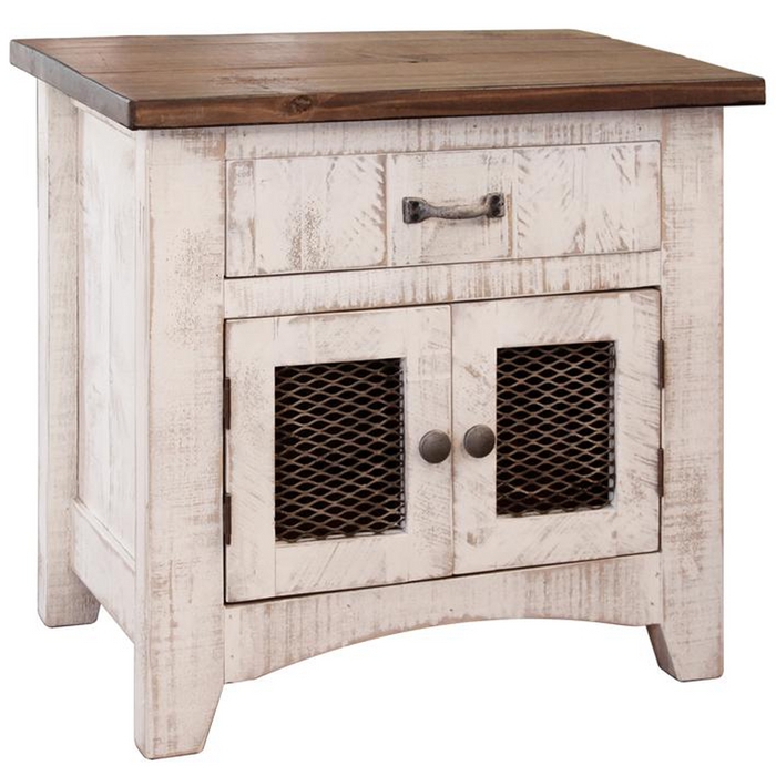 White Nightstand Mesh Doors Wood Toned Top Industrial Farmhouse