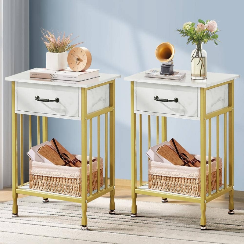 White Nightstand Set with Two-Tone Finish and Open Bottom Shelf